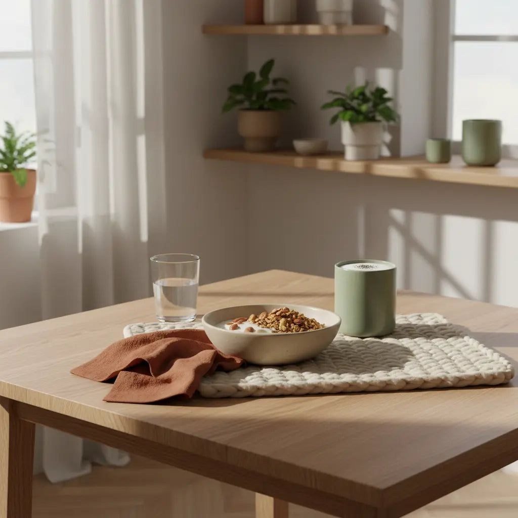 Ruhiges Frühstück in europäischer Küche bei Morgenlicht: vegane Granola-Joghurt-Bowl, Shake, Wasserglas, Leinen- und Wolltexturen – Ingwer und Krebs