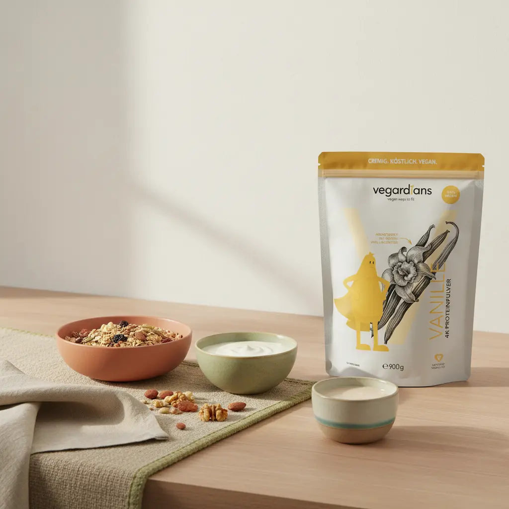 Veganes Frühstück auf nachhaltigem Holztisch in sanftem Morgenlicht mit Müsli, Pflanzjoghurt, Nüssen und Shake – minimalistische Szene für Intervallfasten 14/10.