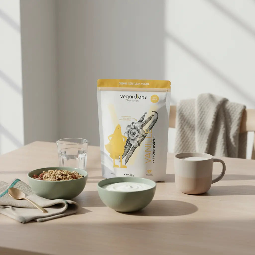 Minimalistisches Frühstücksbild bei Intervallfasten 16/8: nachhaltiger Tisch mit Glas Wasser, Müsli mit Nüssen, pflanzlicher Joghurt und neutralem Proteinshake, ruhige Morgenstimmung