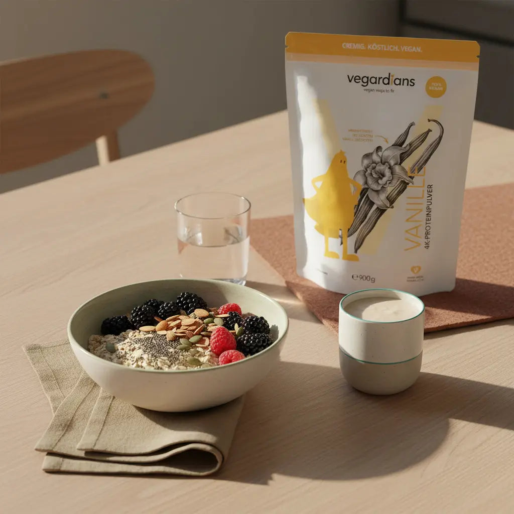 Morgenlicht auf nachhaltigem Tisch mit Glas Wasser, veganer Protein-Bowl und Vegardians-Proteinshake in minimalistischer Szene – ruhige europäische Küche, Intervallfasten 18/6
