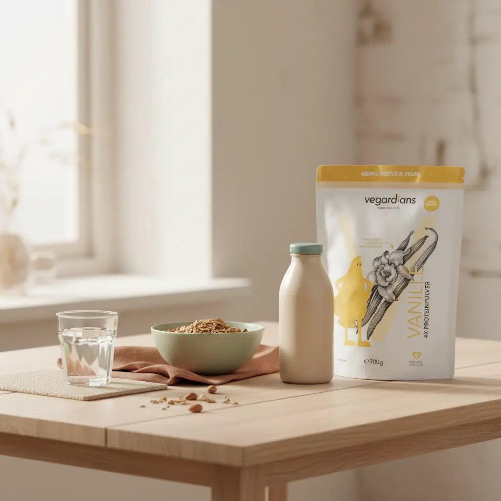 Morgen-Küchenszene mit nachhaltigem Holztisch, Glas Wasser, Müsli, pflanzlichem Shake und Vegardians-Produkt in ruhiger, erdiger Stimmung – Intervallfasten abnehmen