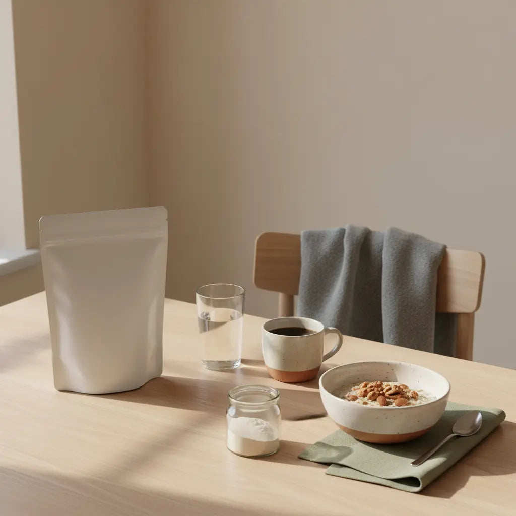 Intervallfasten: Minimalistisches Frühstück auf Holztisch mit Glas Wasser, schwarzem Kaffee, Haferbrei mit Nüssen und Proteinpulver, ruhige vegane Morgenstimmung.