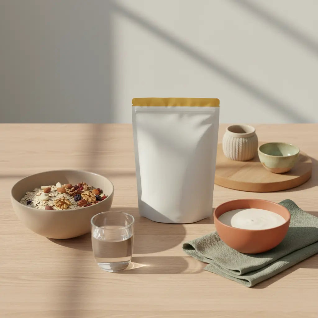 Ruhiges Frühstücks-Stillleben mit Müsli, Wasser, Proteinshake und Vegardians-Produkt auf nachhaltigem Tisch im Morgenlicht – Intervallfasten