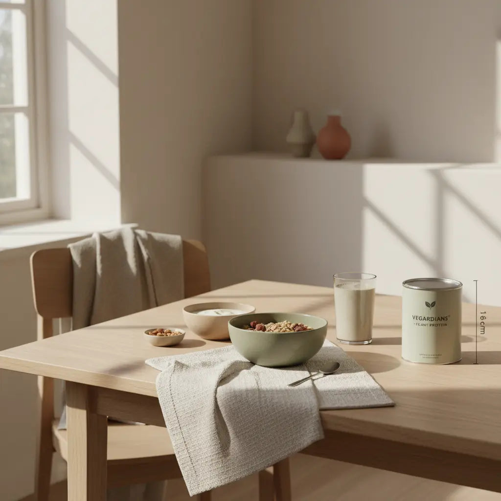 Minimalistische Morgen-Küche mit veganem Müsli, Joghurt-Alternative, Nüssen und Shake auf nachhaltigem Holztisch. Intervallfasten Nachteile Frauen