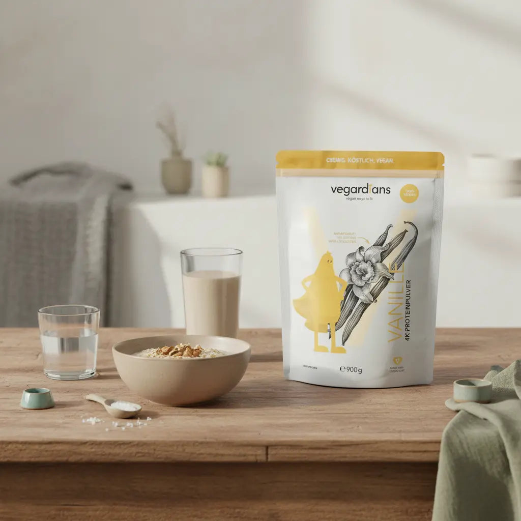 Intra-Workout-Shake Glas auf nachhaltigem Holztisch mit Hafer, Nüssen und Trinkflasche im sanften Morgenlicht, minimalistische Vegardians Szene