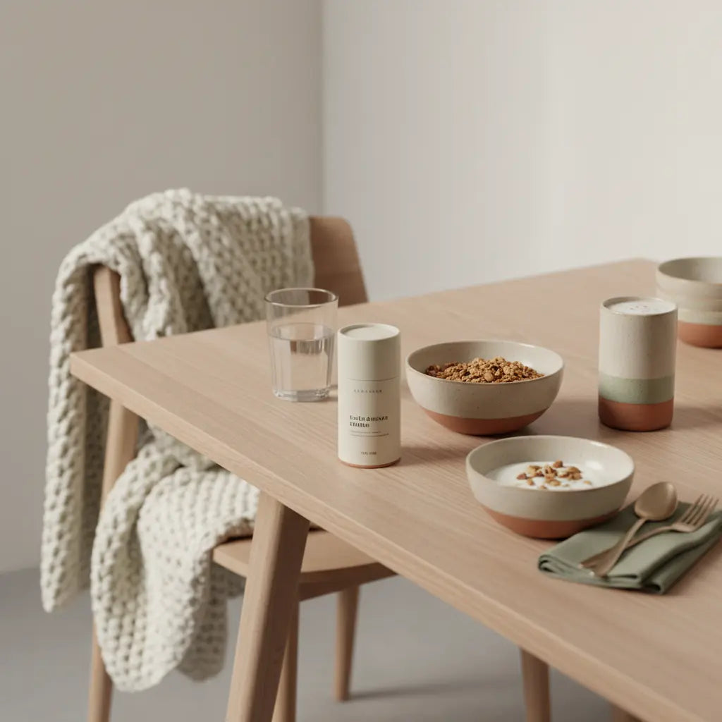 Europäische Küchenfrühstücksszene mit veganem Granola, Joghurt, Nüssen und Shake auf nachhaltigem Tisch im sanften Morgenlicht – ist Brot vegan