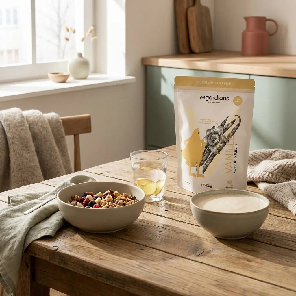 Ist Ingwer gut für den Stoffwechsel? Minimalistische Morgenlicht-Szene mit Ingwerscheiben, Müsli mit Nüssen, Glas Wasser und veganem Shake auf nachhaltigem Tisch, erdige Farben.