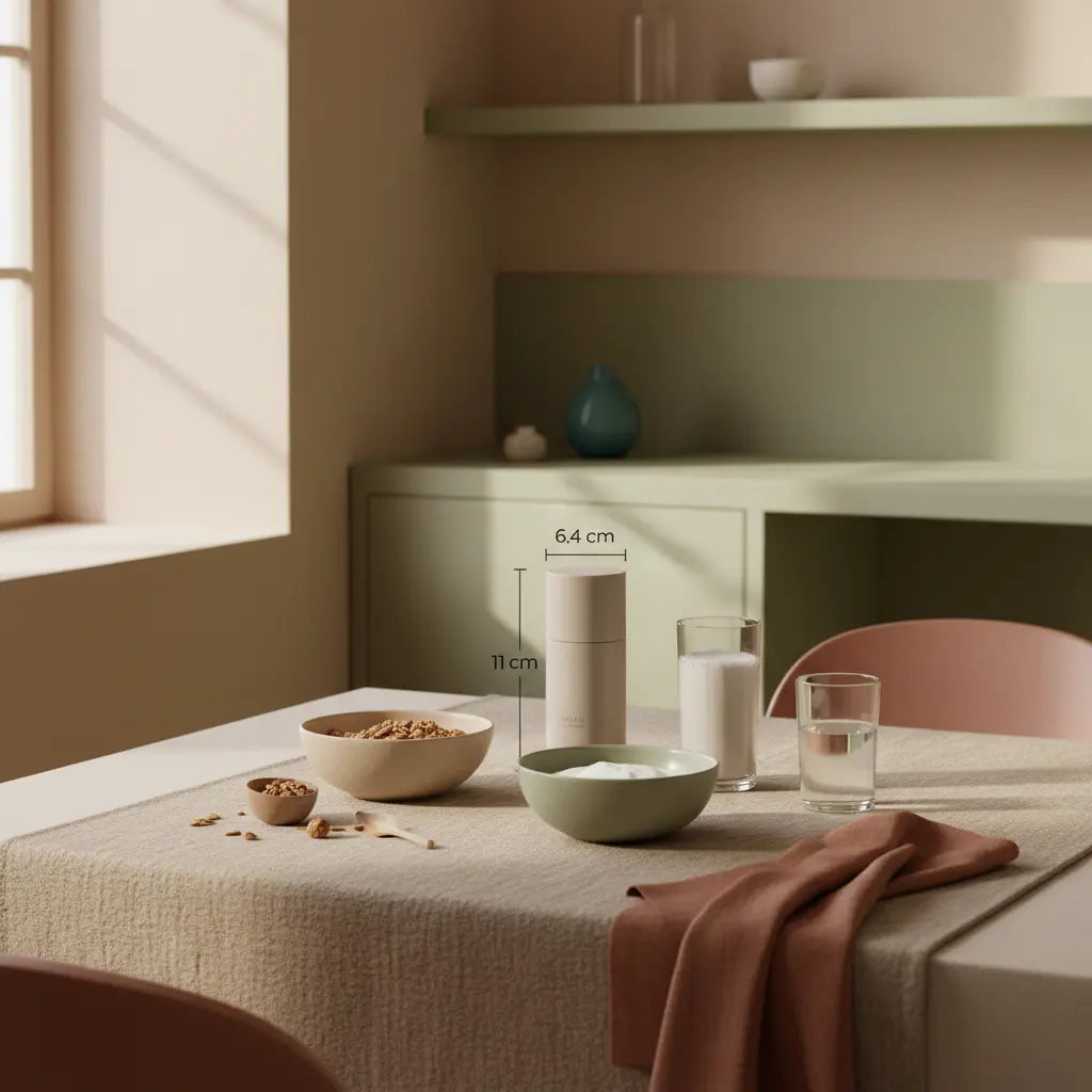 Ist Joghurt Clean Eating – minimalistisches, nachhaltiges Frühstück in europäischer Küche mit Joghurt, Granola, Nüssen, Shake und Glas Wasser auf einem aufgeräumten Tisch.