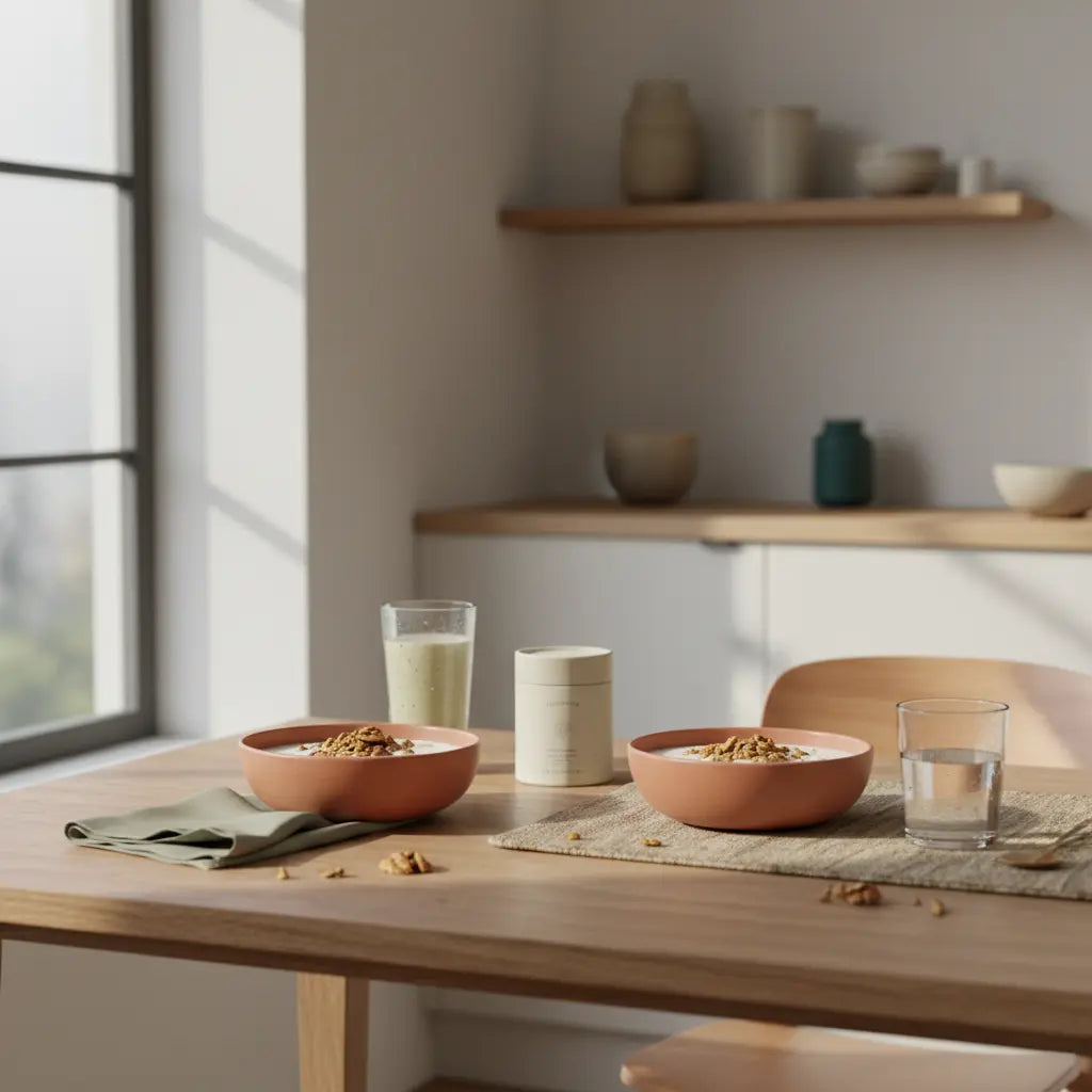 Minimalistischer Frühstückstisch mit Granola, pflanzlichem Joghurt, Nüssen, Shake und Produkt aus Referenzfotos – Jodgehalt Banane