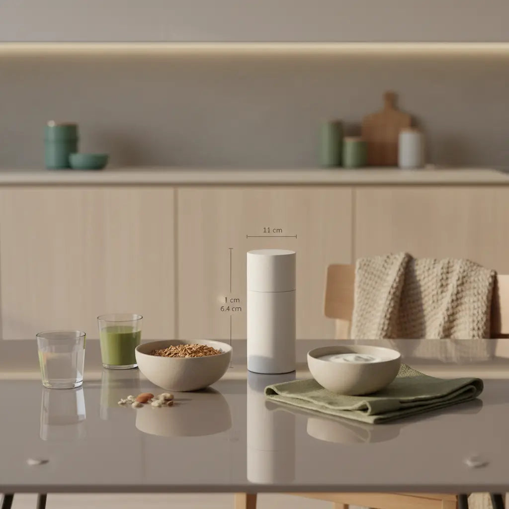 Minimalistisches Frühstück in europäischer Küche mit Granola, veganem Joghurt, Nüssen und Shake bei Morgenlicht — Jodmangel Symptome im Kontext nährender Ernährung.