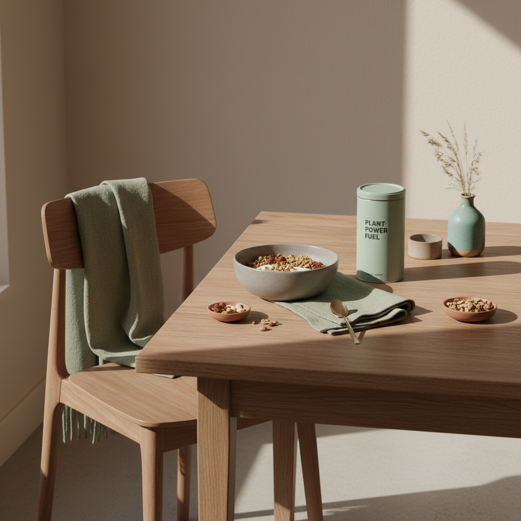 Minimalistisches Frühstück mit Granola, veganem Joghurt, Nüssen und Proteinshake auf nachhaltigem Holztisch in heller europäischer Küche mit winterlichen Wolltexturen — perfekt nach joggen im winter