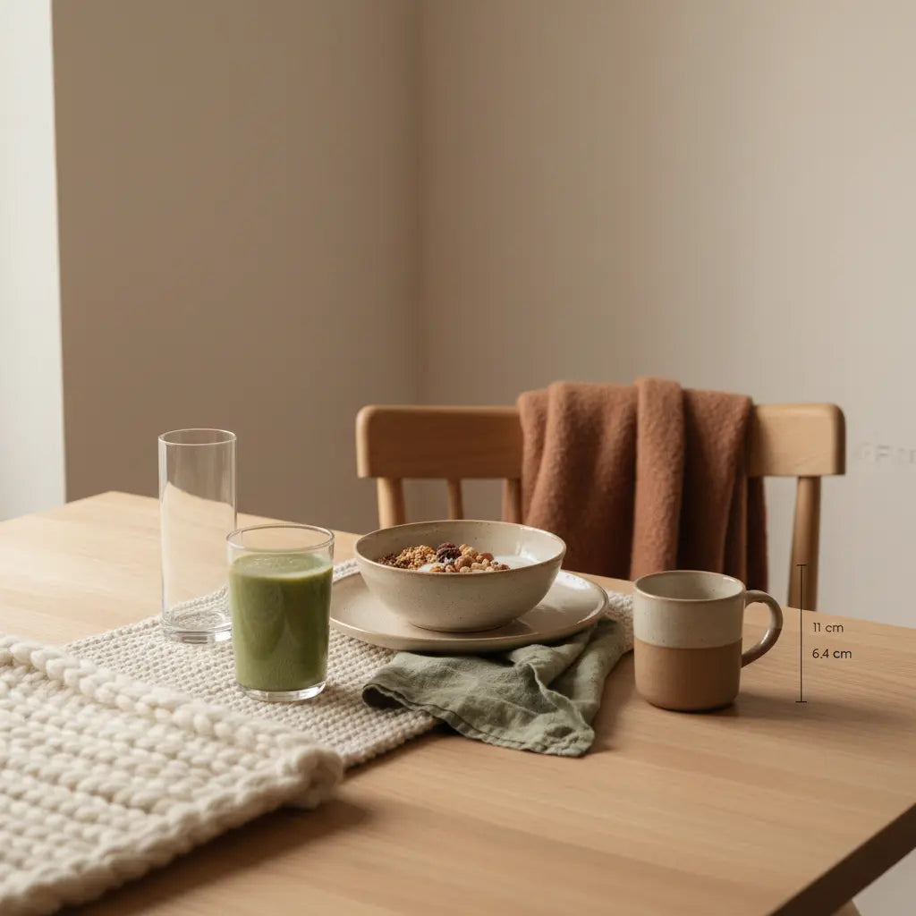 Minimalistischer veganer Frühstückstisch mit Granola, Joghurt, Nüssen und Shake in Vegardians-Farben, sanftes Morgenlicht; kalorienarme kekse als Begleitung.