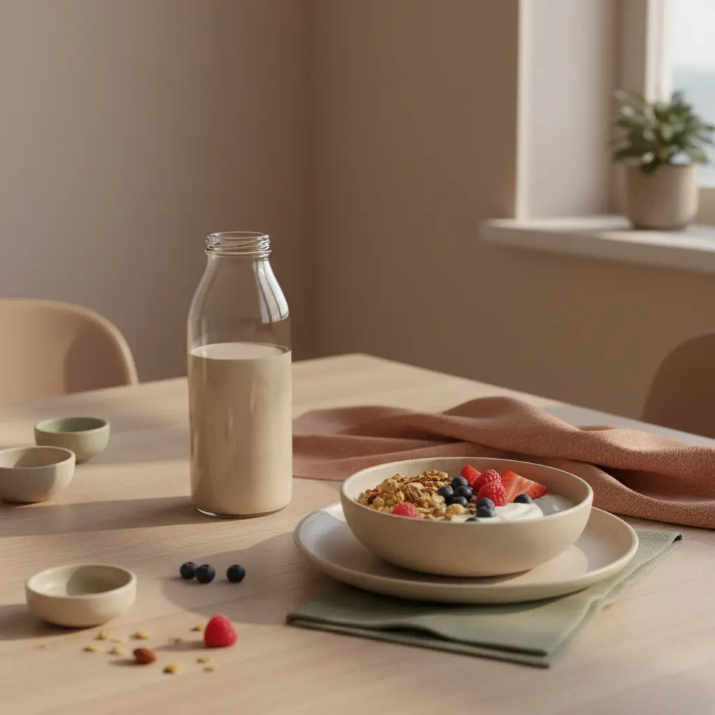 Minimalistische Frühstücksszene mit veganem Joghurt, Müsli, Nüssen, Beeren und einem Proteinshake (Das Produkt aus den Referenzfotos) in sanftem Morgenlicht – kalorienarme mahlzeiten