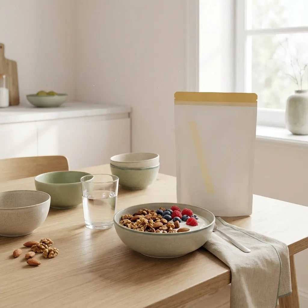 Minimalistisches Frühstück: Müsli mit pflanzlichem Joghurt, Nüssen und Beeren auf nachhaltigem Holztisch in sanftem Morgenlicht — kalorienärmster Zuckerersatz