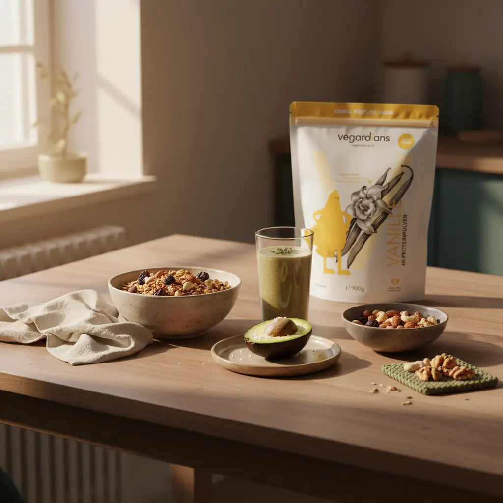 Vegan kalorienreiches Frühstück mit Müsli, Nüssen, Avocado und Shake auf nachhaltigem Holztisch im Morgenlicht – kalorienbomben zum zunehmen