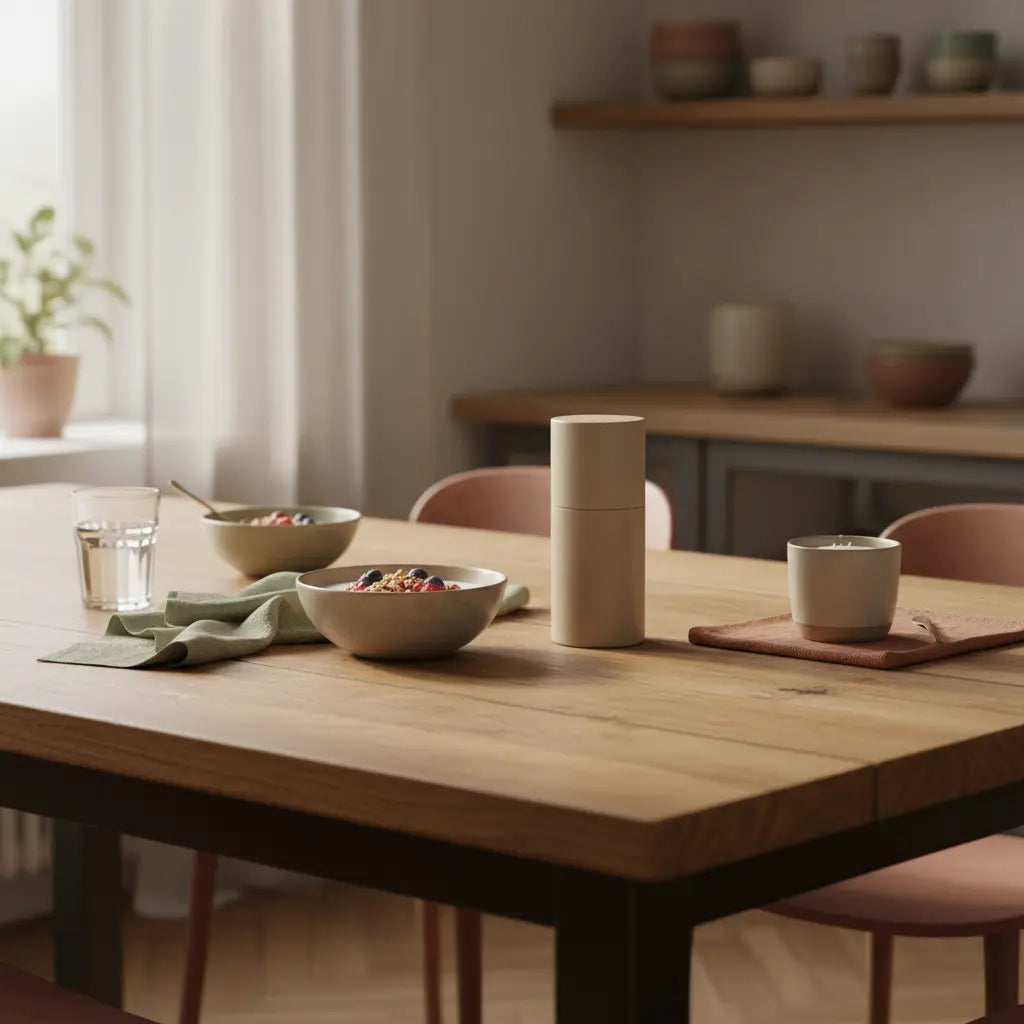 Minimalistische Frühstücksszene mit Hafer‑Joghurt, Nüssen, Proteinshake und Wasserglas auf Holztisch im Morgenlicht – bewusstes Essen und kaloriendefizit.