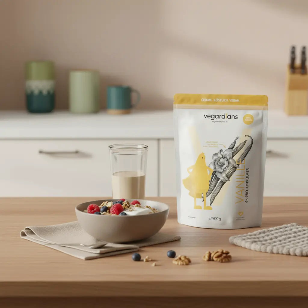 Veganes Frühstück mit Hafer, Beeren, Nüssen, Pflanzenjoghurt und Shake neben Vegardians-Produkt auf nachhaltigem Holztisch im Morgenlicht – Thema kaloriendefizit