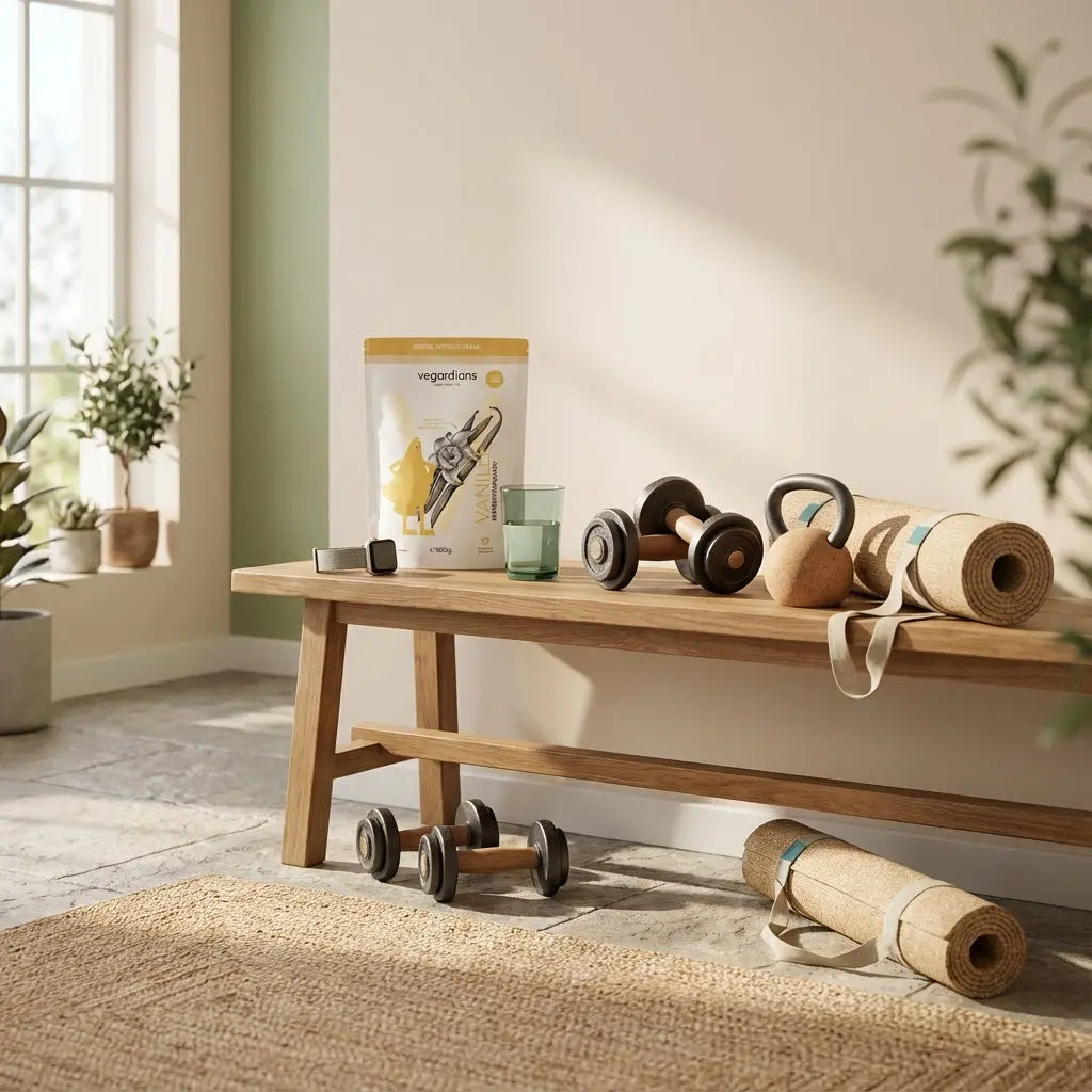 Ruhige Gym‑Ecke im Morgenlicht mit Hanteln, Kettlebell, gerollter Matte, Smartwatch auf Holzbank und halbgefülltem Glas Wasser; Fokus: Kalorienverbrauch Krafttraining