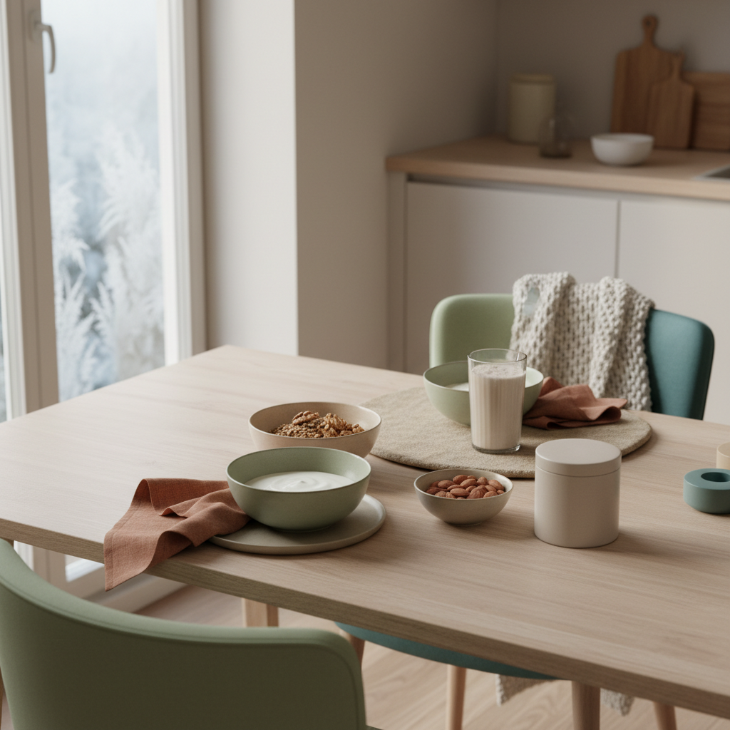 Minimalistisches Frühstück in einer europäischen Küche mit Granola, veganem Joghurt, Nüssen und Shake auf nachhaltigem Tisch – beruhigende Szene gegen Kalte Depression.