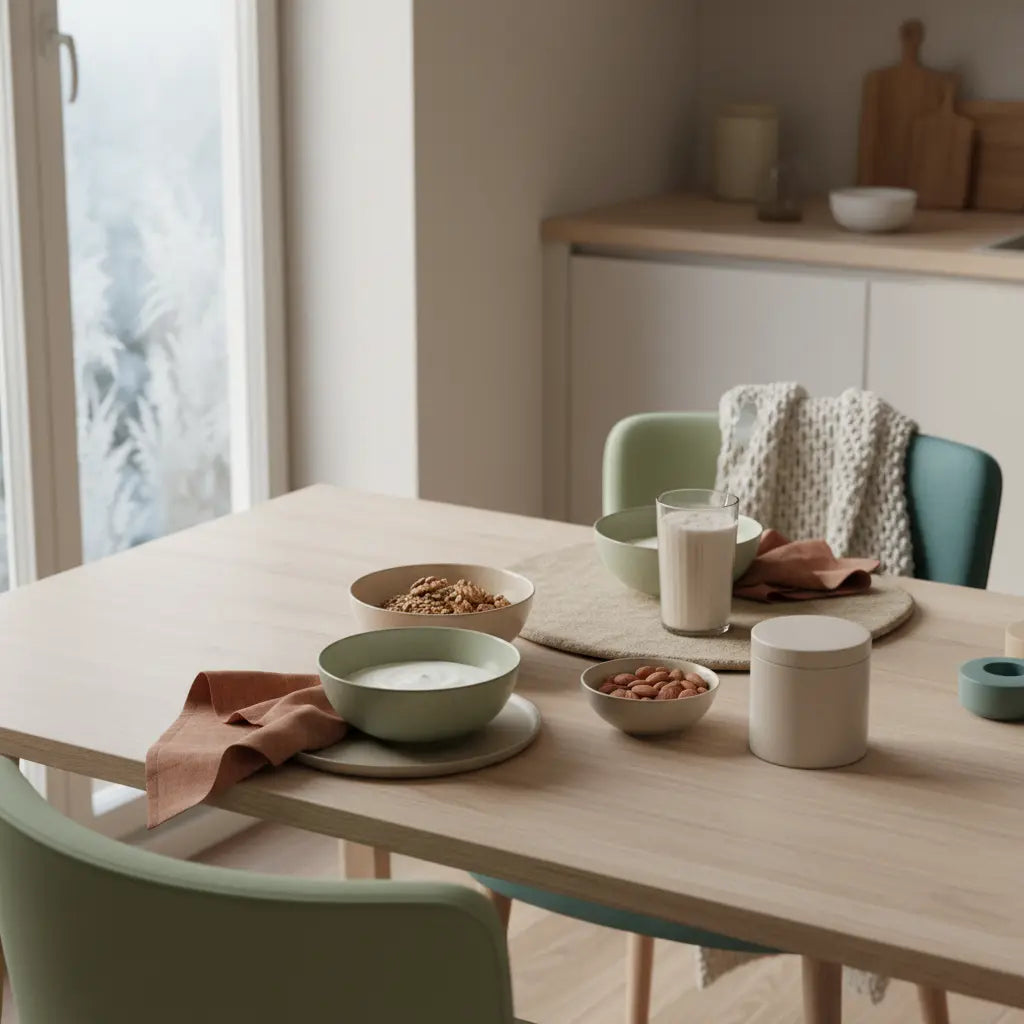 Minimalistisches Frühstück in einer europäischen Küche mit Granola, veganem Joghurt, Nüssen und Shake auf nachhaltigem Tisch – beruhigende Szene gegen Kalte Depression.