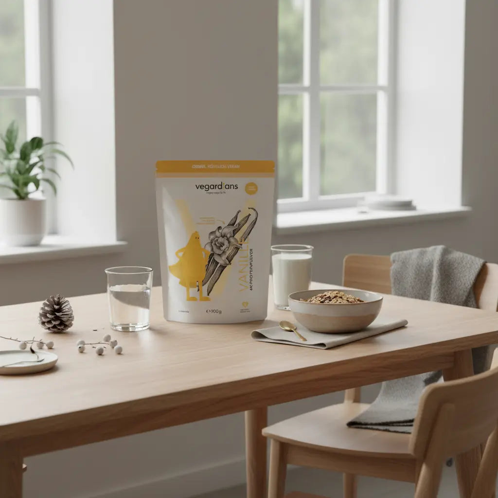 Ruhiges Frühstück mit proteinreichem Müsli, pflanzlichem Shake und Glas Wasser auf nachhaltigem Holztisch in einer europäischen Küche – Kann ich mit 70 noch Muskeln aufbauen?