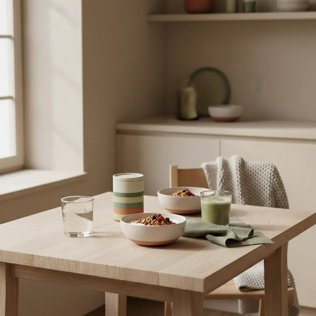 Kann man alle Nährstoffe von Fleisch durch pflanzliche Alternativen ersetzen? Minimalistische europäische Frühstücksszene mit Granola, Joghurt, Nüssen und Shake auf nachhaltigem Tisch in Vegardians-Farbwelt.