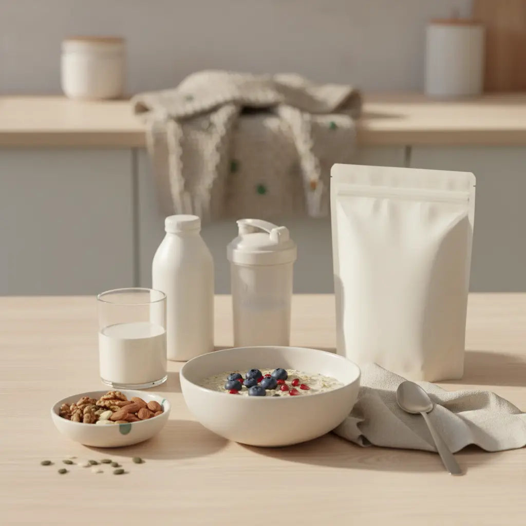 Minimalistische europäische Küchenszene mit veganer Mahlzeit (Haferbrei mit Beeren, Nüsse, Pflanzendrink, Protein‑Shake) auf Holztisch im Morgenlicht — Kann man als Veganer übergewichtig sein?