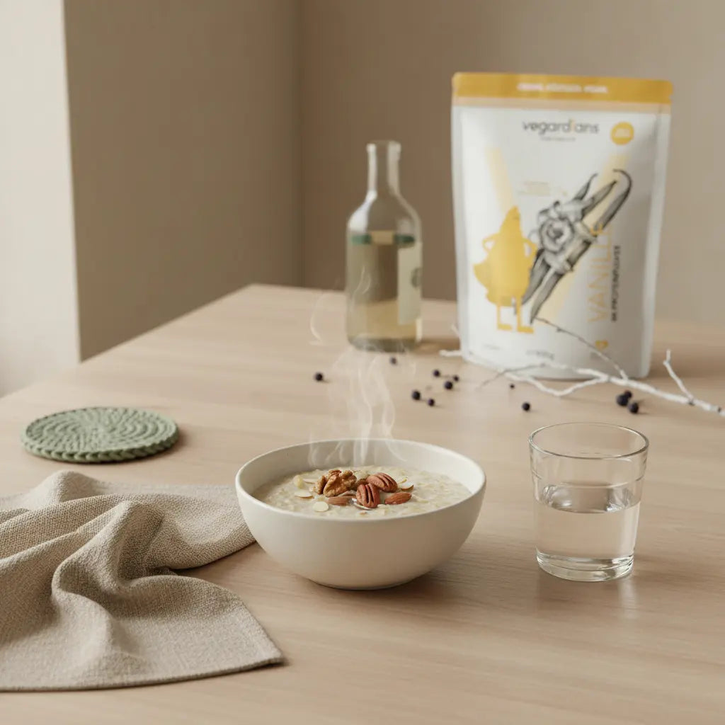 Sanfte Morgenaufnahme eines nachhaltigen Holztischs mit Porridge, Nüssen, Glas Wasser und kleinem Apfelessig‑Fläschchen im Hintergrund im Vegardians‑Stil. Kann man Bauchfett mit Apfelessig verlieren?