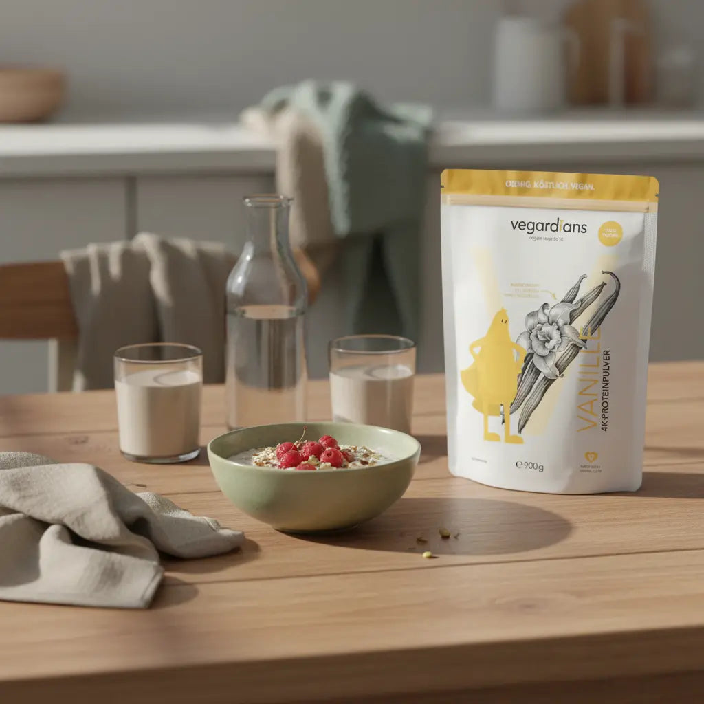 Realistische europäische Küchenszene mit veganem Frühstück (Hafer, Beeren, Shake, Wasser) in Morgenlicht – Kann man in 2 Wochen 5 Kilo Abnehmen?