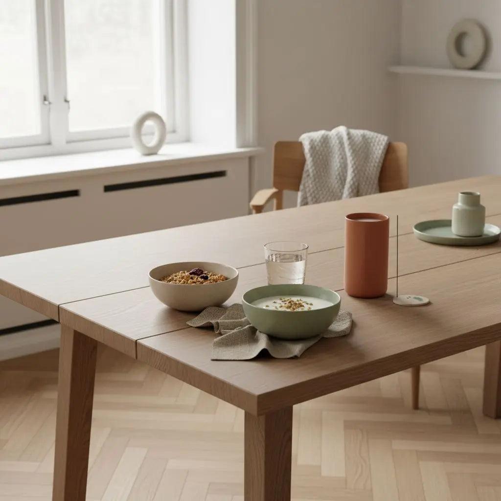 Kann man in 4 Tagen 8 Kilo abnehmen? Minimalistisches Frühstück in europäischer Küche mit Granola, veganem Joghurt, Nüssen, Proteinshake und klarem Wasserglas in sanftem Morgenlicht, Vegardians-Farben.