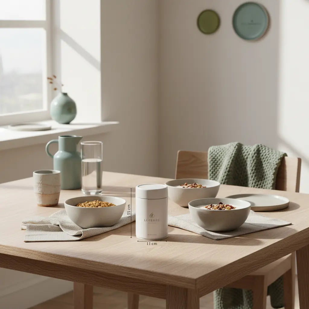 Minimalistisches veganes Frühstückstisch-Arrangement mit Granola, pflanzlichem Joghurt, Nüssen, Shake und sichtbarem Produkt aus Referenzfotos in heller Küche; kann man krebszellen aushungern lassen