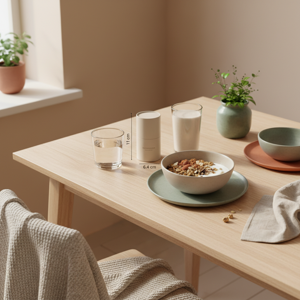 Kann man mit einer veganen Ernährung Muskeln aufbauen? Minimalistisches Frühstück in europäischer Küche mit Granola, Sojajoghurt, Nüssen, Glas Wasser und Shake, sanftes Morgenlicht, Beige/Salbei/Terrakotta.