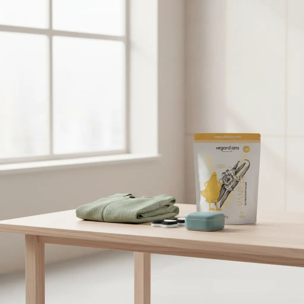 Heller moderner Trainingsraum mit Holztisch, sauber gefalteter Trainingsanzug und Elektroden samt Aufbewahrung im Morgenlicht – Kann man mit Elektroden Muskeln aufbauen?