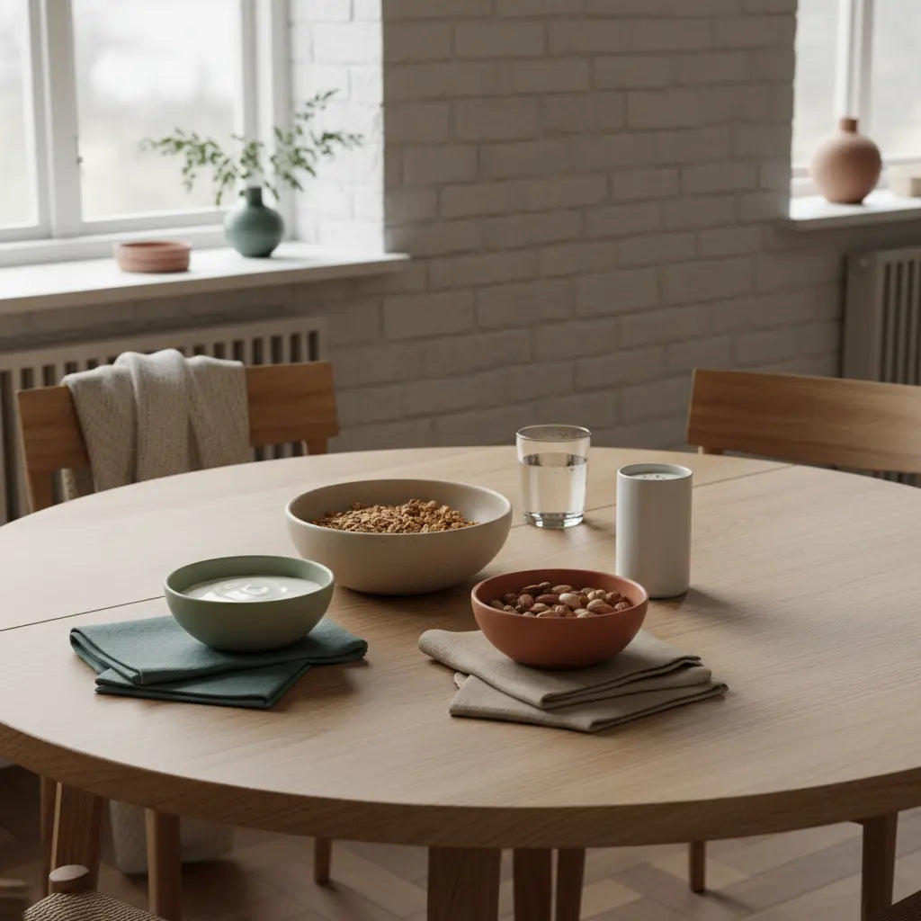 Minimalistisches veganes Frühstück mit Granola, pflanzlichem Joghurt, Nüssen und Protein‑Shake in einer europäischen Küche. Kann man mit pflanzlichen Proteinen Muskeln aufbauen?