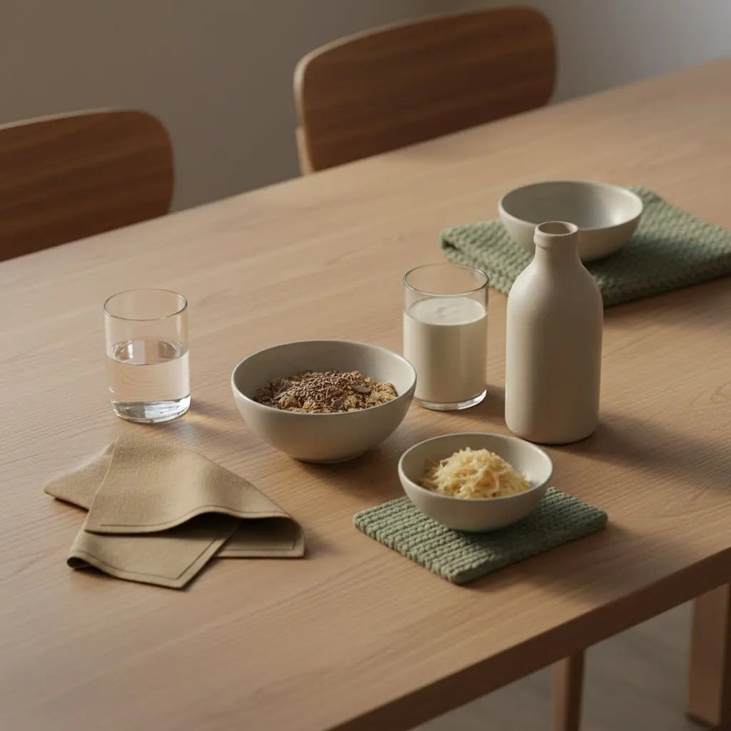 Kann man von einer Darmkur Abnehmen? Ruhige Morgenküche im Vegardians-Stil mit nachhaltigem Holztisch, Glas Wasser, Müsli mit Leinsamen, Sauerkraut, Kefir und Shake in schlichter Keramik, minimalistisches nährendes Setting.