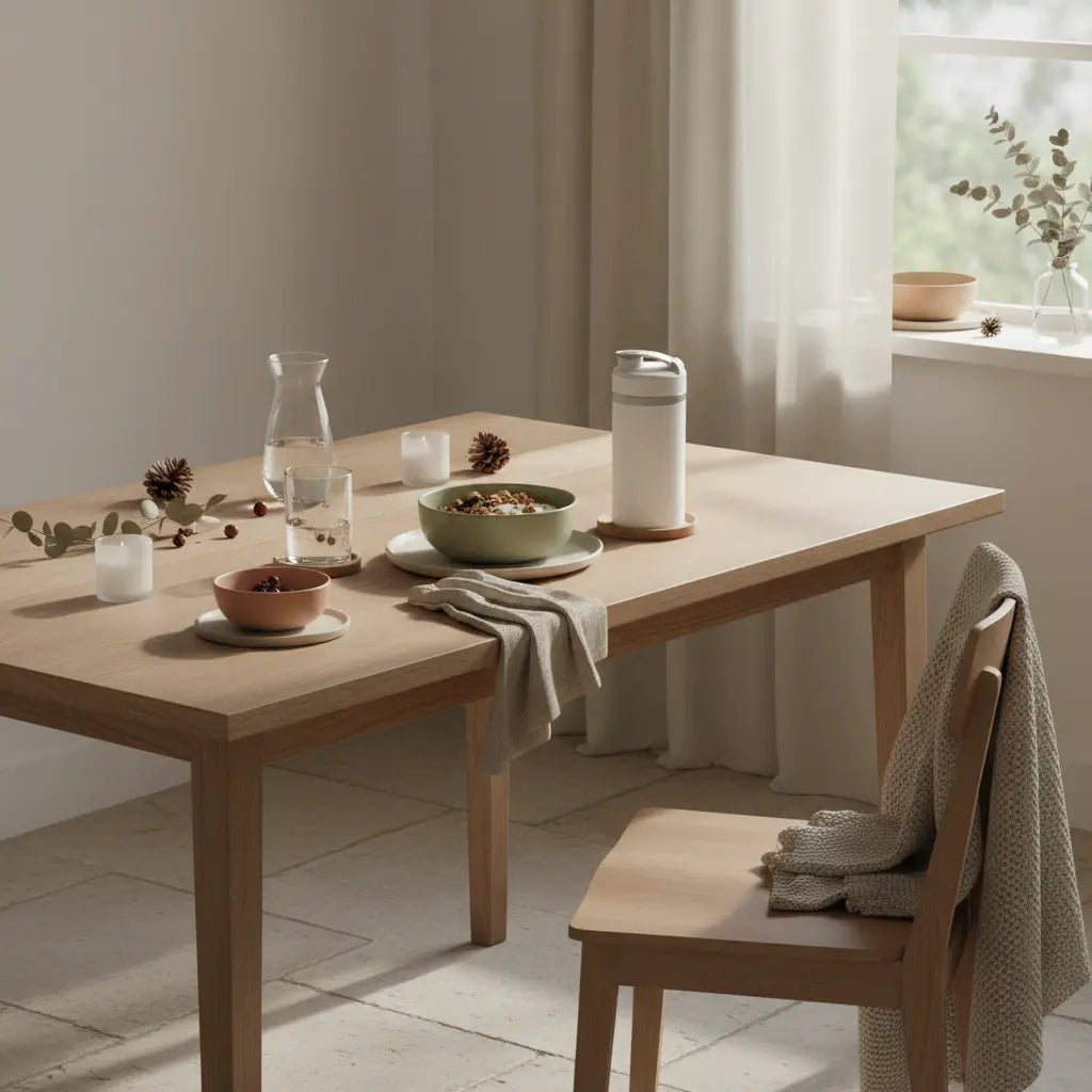 Minimalistisches Frühstück in europäischer Küche mit Granola, pflanzlichem Joghurt, Nüssen, Shake und Wasserglas auf nachhaltigem, aufgeräumtem Tisch — keine motivation für sport