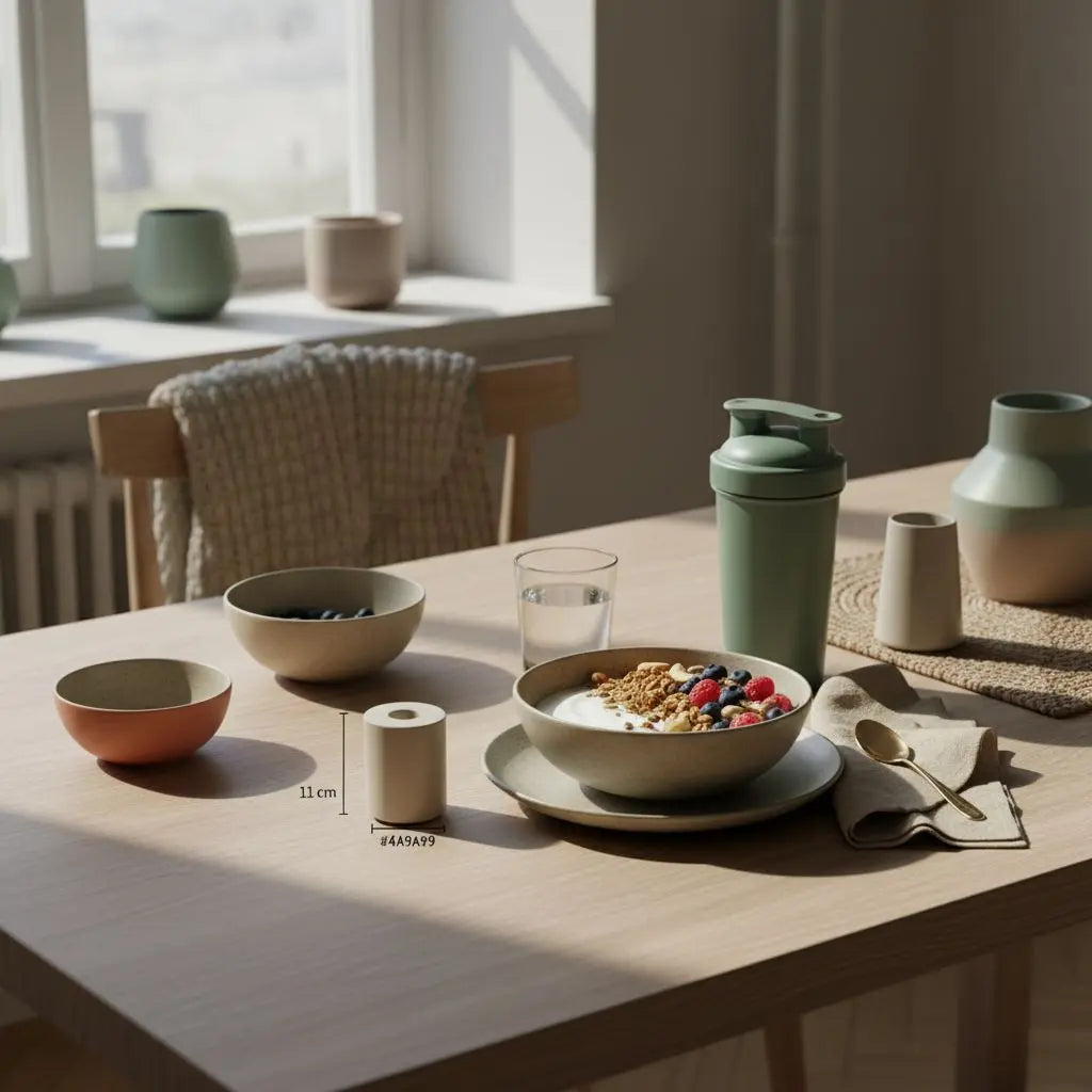 Minimalistisches Morgenfrühstück in europäischer Küche: veganer Joghurt mit Beeren, Nüssen und Shaker auf nachhaltigem Tisch, keto diät vegan.