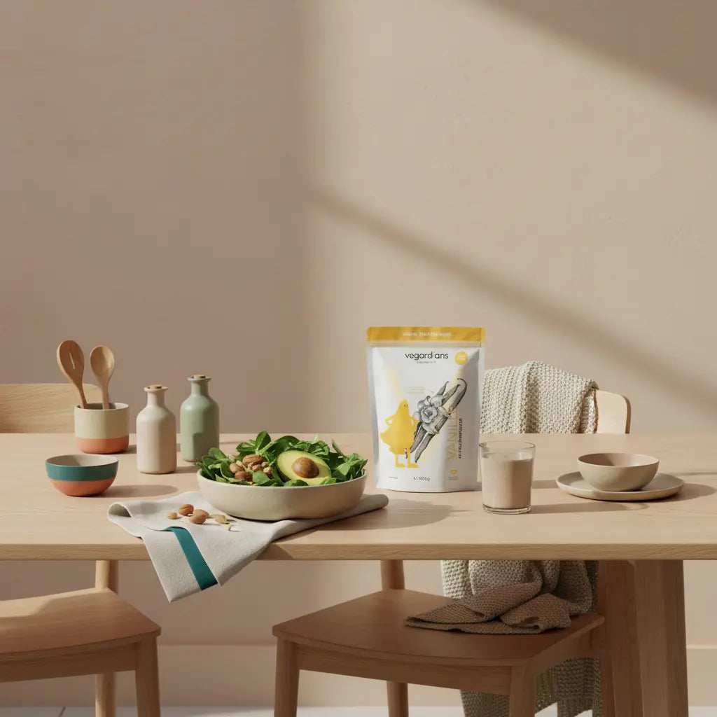 Minimalistisches Frühstück mit Avocado, Nüssen, grünem Salat, Olivenölflaschen und Shake auf Holztisch in heller Küche – ketogene Ernährung.