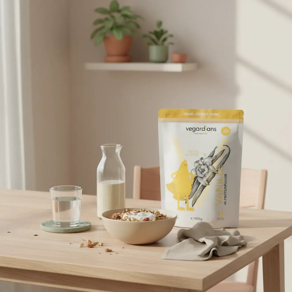 Minimalistische Morgenszene mit Holztisch, Glas Wasser, Hafer‑Müsli, Nüssen und veganem Shake als bewusstes Frühstück zum Körperfett reduzieren.