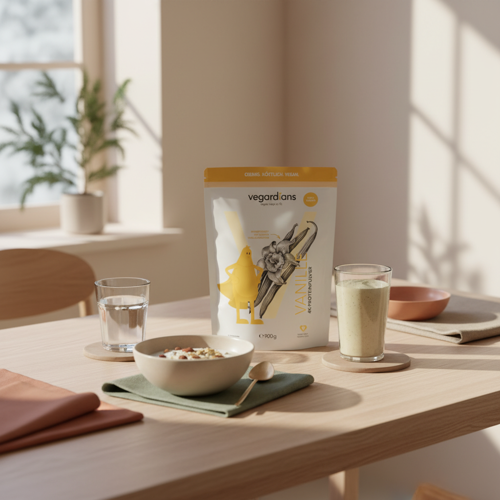 Minimalistische europäische Küchen-Tischszene mit veganer Schale, Glas Wasser und Proteinshake im sanften Morgenlicht, natürliche Texturen – koffeinfreies pre workout