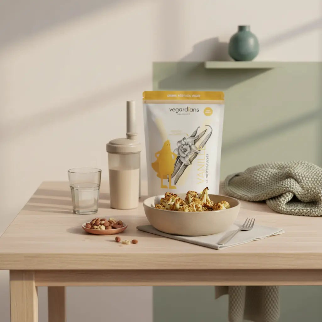 kohlenhydrate reduzieren: vegane, kohlenhydratbewusste Mahlzeit mit geröstetem Blumenkohl‑Bowl, Nüssen, kleinem Shake und Glas Wasser auf nachhaltigem Holztisch im Morgenlicht