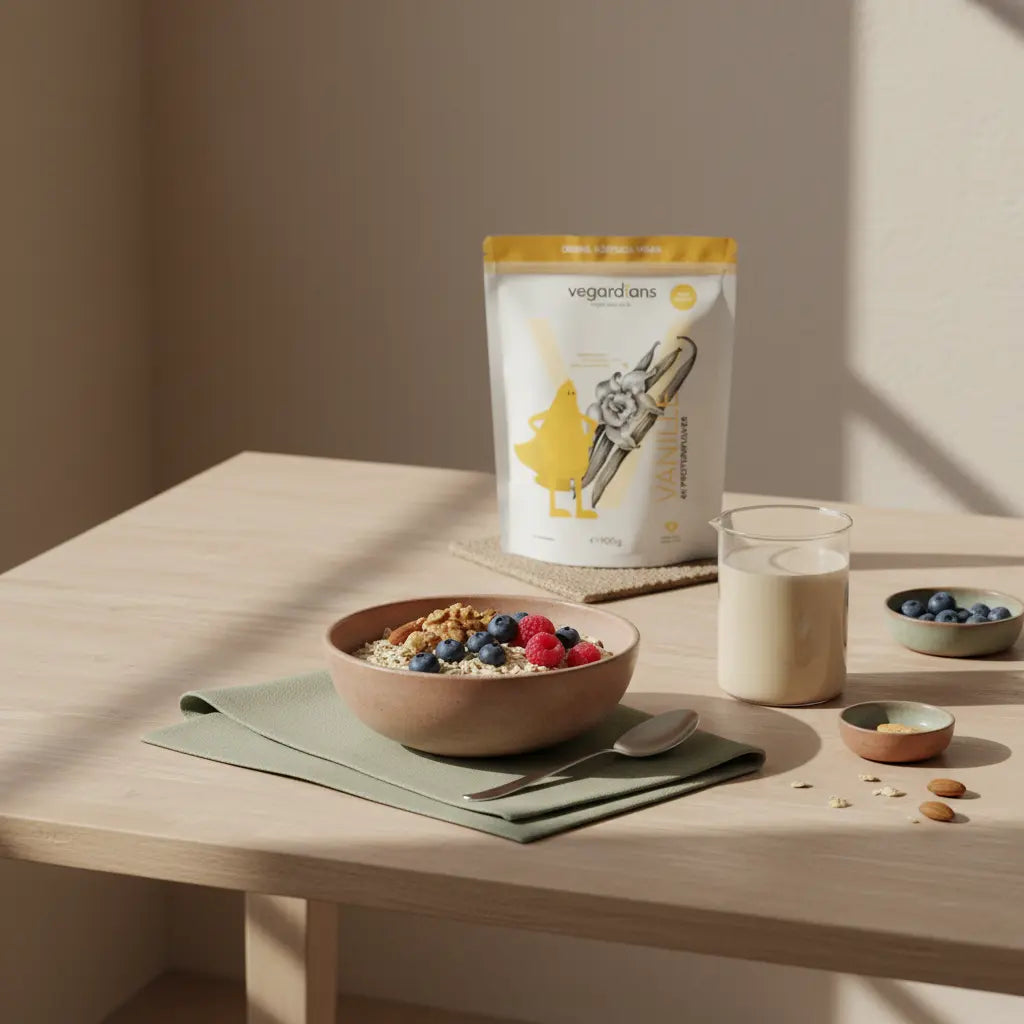 Veganes proteinreiches Frühstück (Hafer mit Nüssen, Beeren und Proteinshake) auf nachhaltigem Holztisch im Morgenlicht – bewusstes Essen zum körperfett reduzieren.