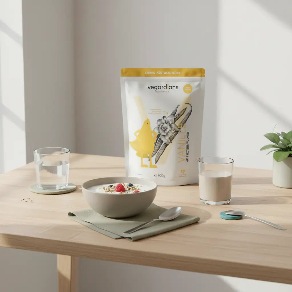 Minimalistisches Frühstück mit Hafer‑Joghurt, Nüssen, Beeren, Proteinshake und Wasserglas auf nachhaltigem Holztisch – Morgenroutine für körperfett verlieren