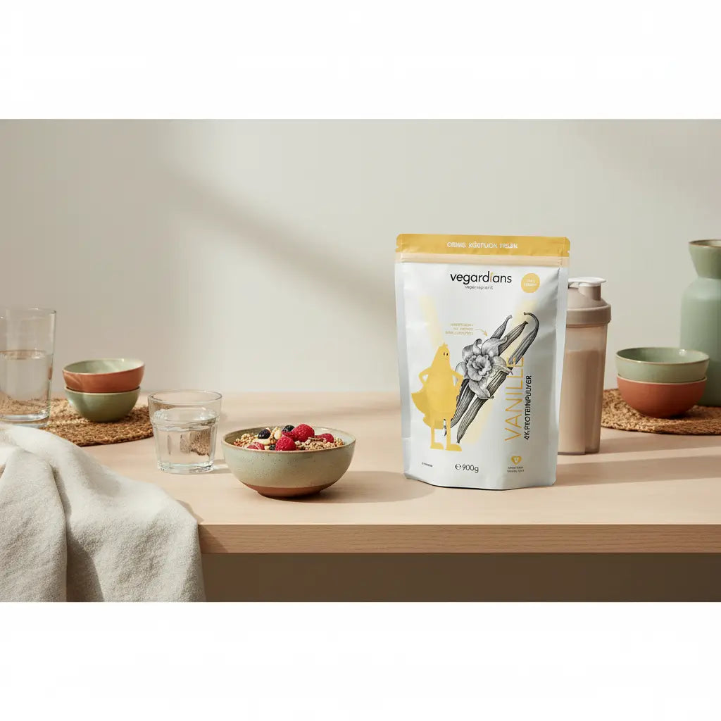 Minimalistische Morgen-Küchenansicht mit Holztisch, Müsli, Nüssen, Beeren, neutralem Proteinshake und dem Produkt – inspirierend für Körperfett verlieren