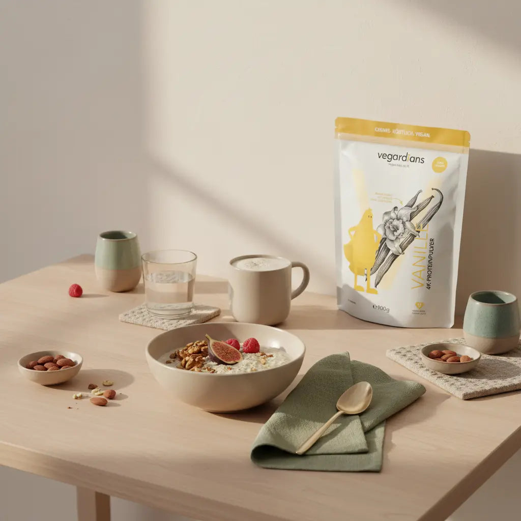 Minimalistische Küchenszene mit veganem Haferbrei, Nüssen, Obst und Proteinshake in Keramik, ruhiges Morgenlicht — Körperfettanteil schnell senken.