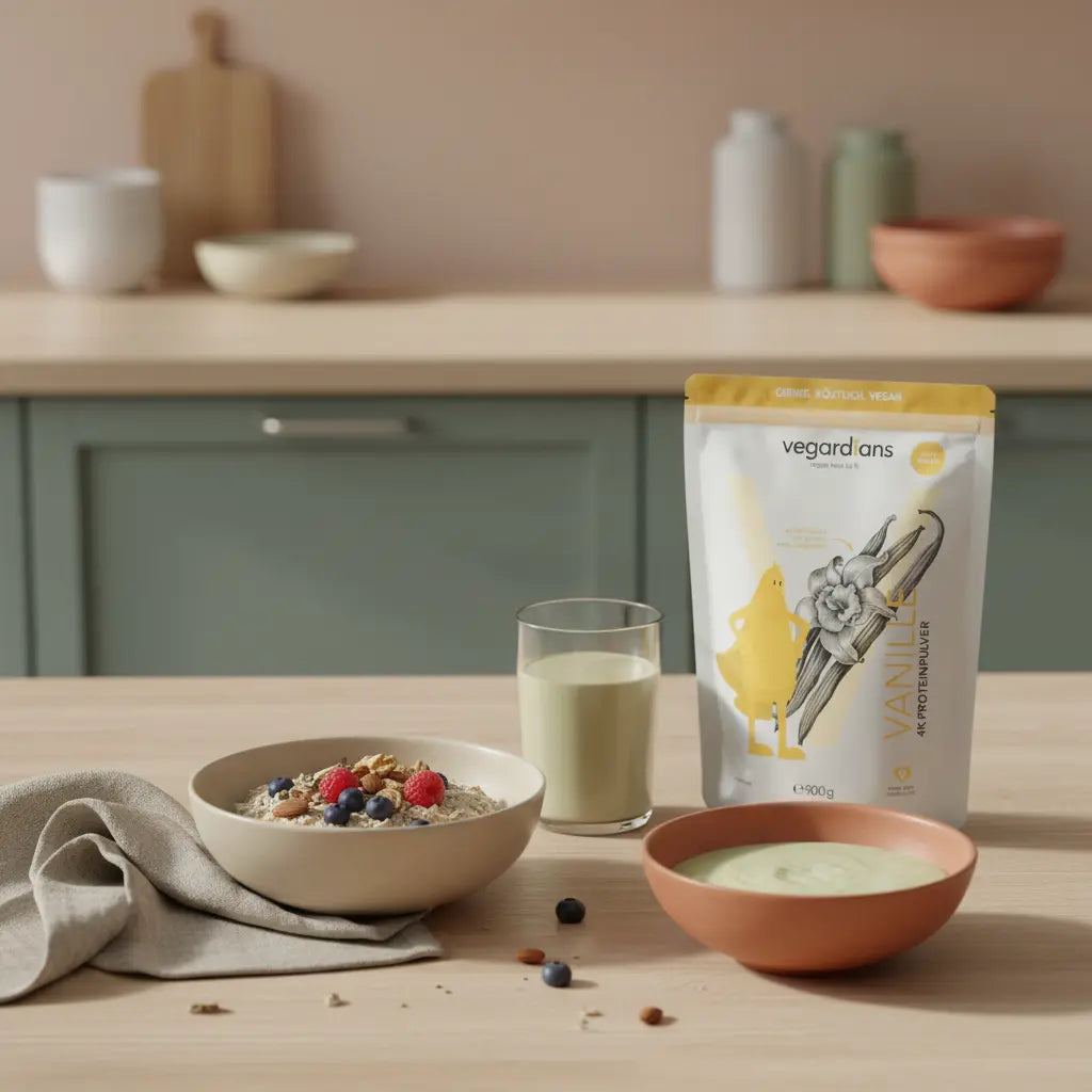 Pflanzenbasiertes Frühstück auf nachhaltigem Holztisch mit Müsli, Nüssen, Beeren, Haferdrink und Vegardians-Produkt in sanftem Morgenlicht – Motiv für Krafttraining abnehmen