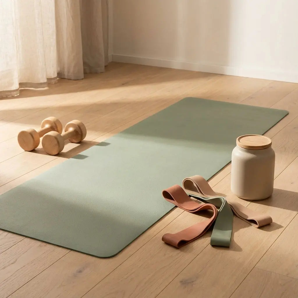 Minimalistische Trainingsszene mit Matte, Kurzhanteln, Widerstandsbändern und geschlossener Dose veganes Proteinpulver auf Holzfußboden im Morgenlicht – Krafttraining bei Rückenschmerzen