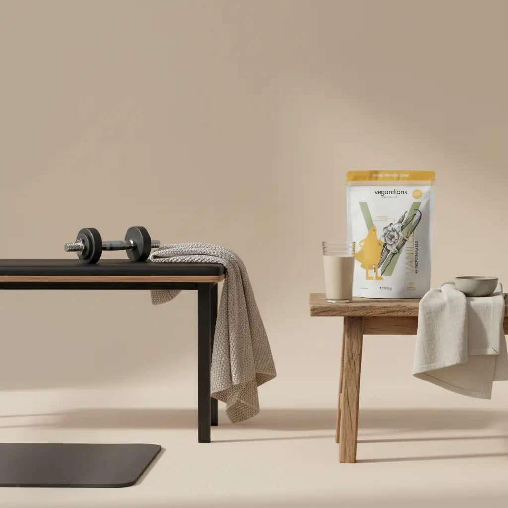 Minimalistische Studioecke mit Hanteltisch, Kurzhanteln, Matte und Shakeglas (Das Produkt aus den Referenzfotos) auf Holztisch, warmes Morgenlicht — krafttraining frauen anfänger