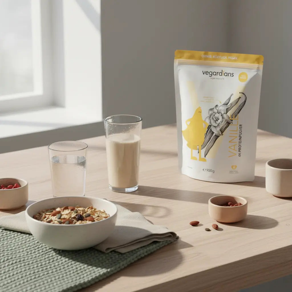 Minimalistischer Morgentisch mit Müsli, Nüssen und Shake in Keramik- und Glasgefäßen, warme Salbei- und Beigetöne, bewusst und nährend – passend zu Krafttraining für Frauen.