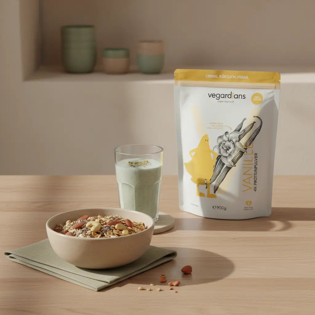 Minimalistische Küchenszene mit nachhaltigem Holztisch, Glas Wasser, Schale Müsli, Nüssen und proteinreichem Shake mit Vegardians-Produkt – ideal für krafttraining für senioren